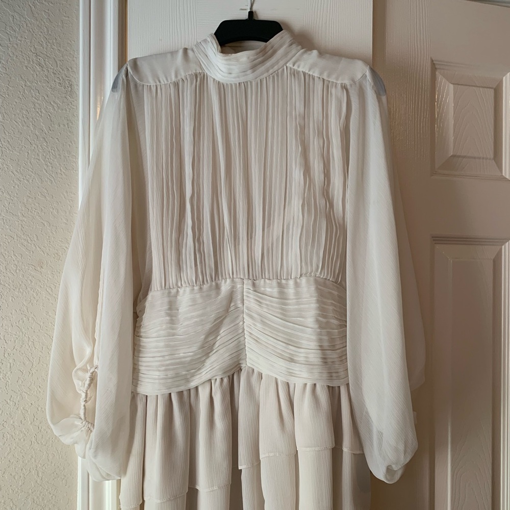 Express Womens Dress Cream Cocktail Party Pleated Ruffled Mock Neck Long Sleeve